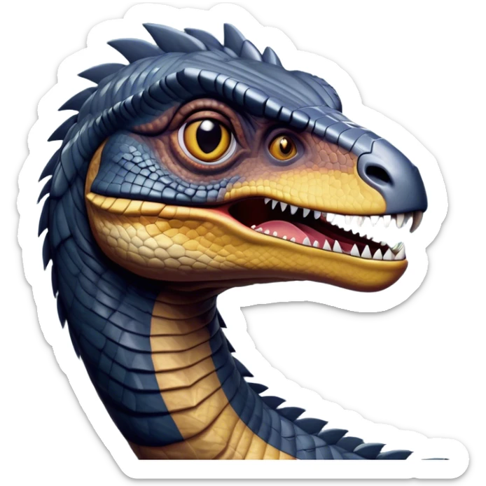 Cinematic Noble jurassic park Velociraptor Portrait Emoji, Poised and menacing, with a sleek, muscular build clad in dark, scaly skin reminiscent of jurassic park Park’s iconic raptor, a sharply curved snout and piercing, intelligent eyes that exude predatory cunning, Simplified yet boldly defined features, highly detailed, glowing with a cool, ominous radiance, high shine, intelligent and relentless, stylized with an air of cinematic prehistoric authority, focused and alert, soft glowing outline, capturing the essence of a watchful and confident jurassic park Velociraptor that appears ready to dash out of the screen with effortless power! sticker