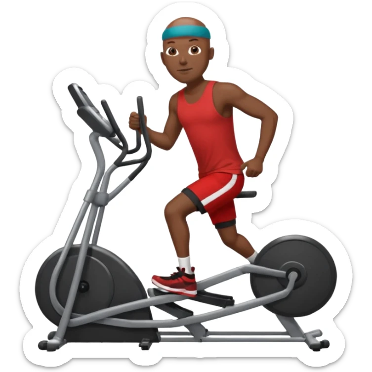 dark skin bald African American man on elliptical machine with red tank shirt and black shorts sticker
