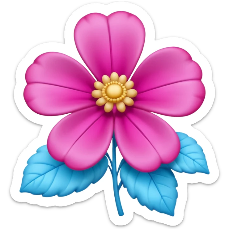 3D glossy flower emoji, vibrant magenta puffed-up petals, large soft-pink center, two pale-blue leaves, claymorphic style, high resolution, white background." sticker