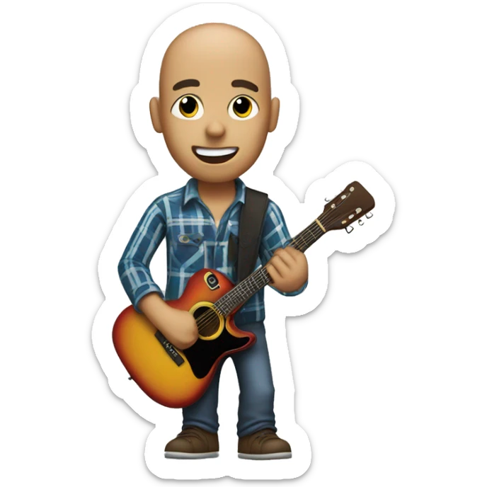 bald guy holding a guitar with a hat in his head and plaid shirt on rocking out sticker