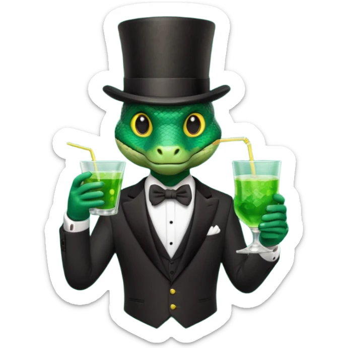snake wearing suit, bowtie and top hat, holding a glass of green drink sticker