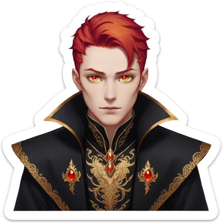 A tall and strikingly elegant High Fae male with fiery red hair, his golden eyes gleaming with cunning intelligence. He wears a luxurious black coat trimmed with copper embroidery, the fabric lined with fine gold stitching. His posture is relaxed yet calculated, his expression unreadable—except for the ghost of an arrogant smirk playing at his lips sticker
