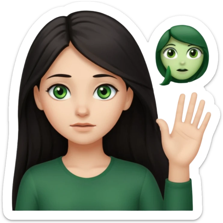 Animated girl dark long hair green eyes emoji holding right side of the head with her hand with duh facial expression , hand on her head sticker