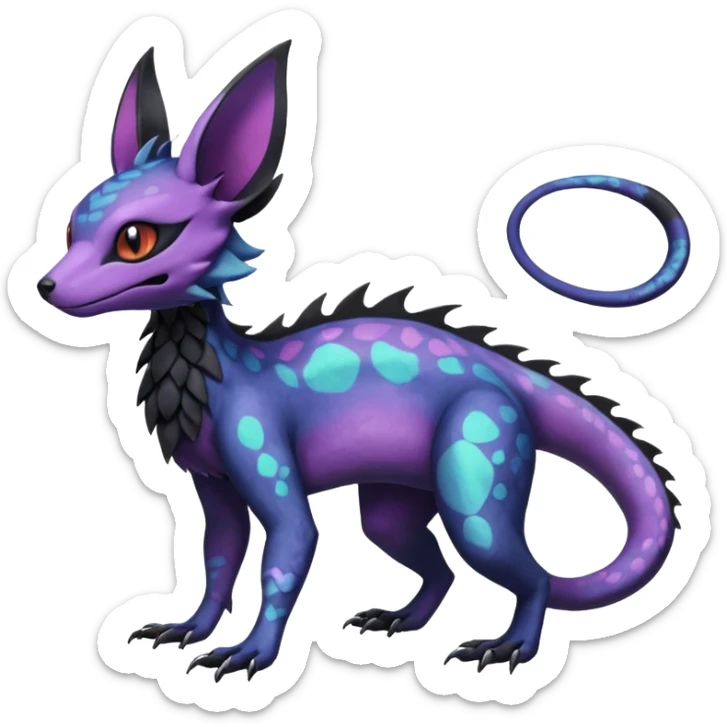 Rare epic aesthetic iridescent spooky gloomy colorful Salandit-Noibat-Eevee-Genet-species-Fakemon-hybrid-creature, with markings, full body sticker