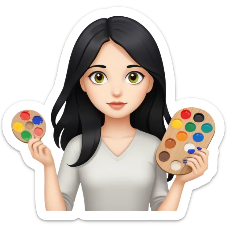 A girl with long black hair and hazel eyes holding a paint palette  sticker