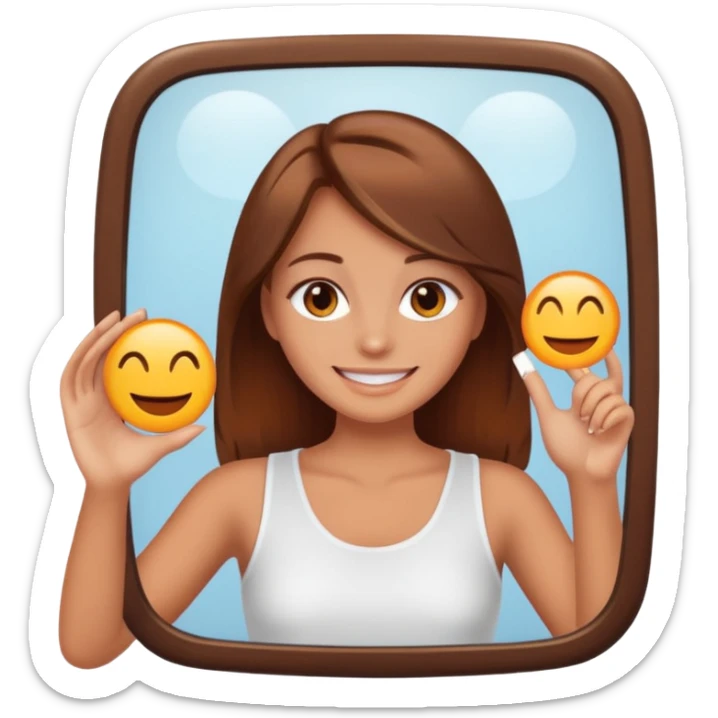 girl with brown hair, white but fake tanned slightly orange skin, taking a mirror selfie, emoji style sticker
