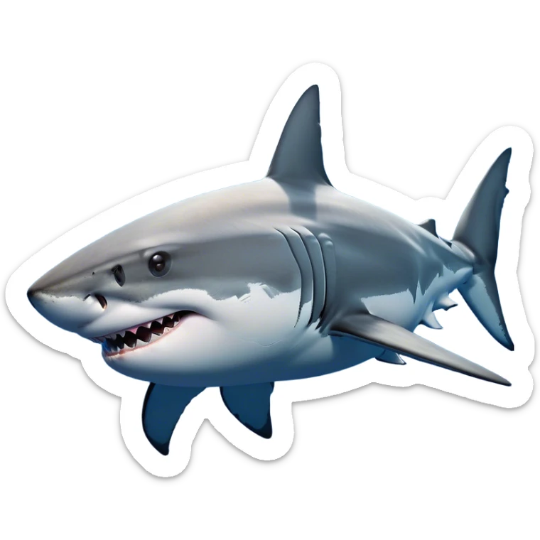 Cinematic Noble Great White Shark Portrait Emoji, Poised and regal, with a robust, torpedo-shaped body, a pointed snout, a gleaming white underbelly contrasting with a slate gray dorsal surface, and piercing, intense eyes scanning deep blue waters, Simplified yet sharp and sophisticated features, highly detailed, glowing with a cool, oceanic luminescence, high shine, intelligent and commanding, stylized with an air of marine authority, focused and vigilant, soft glowing outline, capturing the essence of a watchful and confident predator that appears ready to surge out of the screen with effortless power! sticker