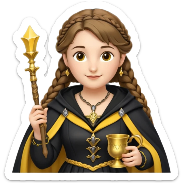 Helga Hufflepuff,the Hogwarts founder of Hufflepuff,brown-haired,2braids,yellow-black medieval dress with black cloak decorated with gold braiding,flickering magic wand and tiny two-handled shiny gold cup engraved with the badger silhouette,very kind smile,curvy busty sweet  sticker