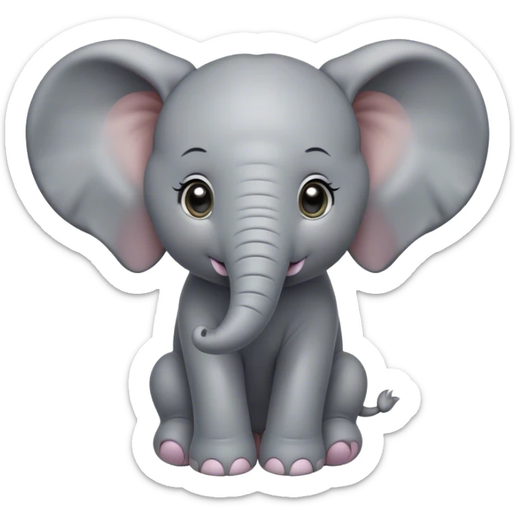 Cinematic Cute Baby Elephant Portrait Emoji, Head tilted playfully and inquisitively, featuring a velvety gray hide with oversized floppy ears and round, sparkling eyes filled with wonder, Simplified yet irresistibly adorable features, highly detailed, glowing with a warm, friendly glow, high shine, affectionate and spirited, stylized with a touch of playful charm, bright and endearing, soft glowing outline, capturing the essence of a mischievous yet loving baby elephant, so playful it feels like it could trundle out of the screen into your arms! sticker