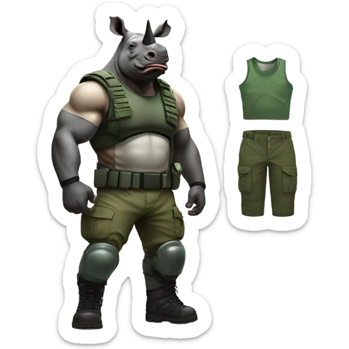 Rhino with muscles wearing a green army helmet with a blank tank camo pants and black boots  sticker