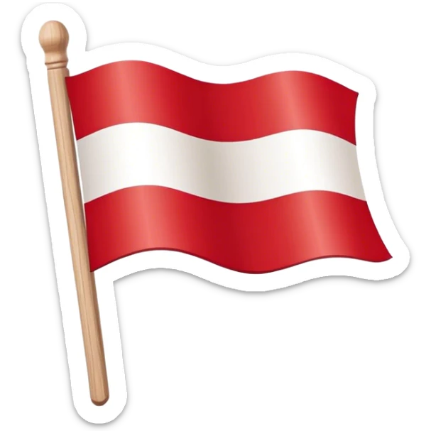 "A simple Polish flag on a wooden stick, waving slightly in the wind. The flag has two horizontal stripes: white on top and red on the bottom. The stick is light brown, made of wood, and slightly tilted to the right. The background is plain white sticker