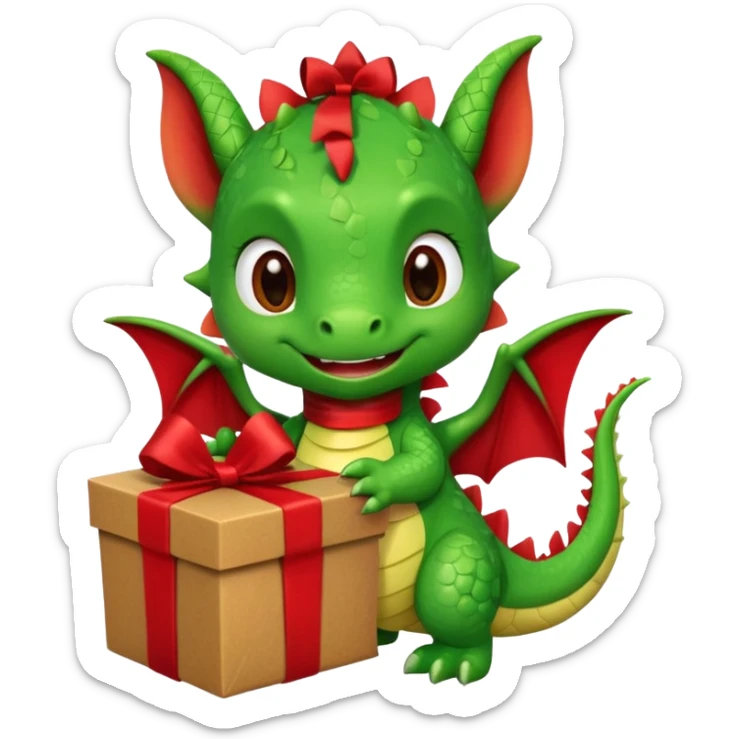 a cute baby dragon is holding a brown carton gift with red ribbon sticker