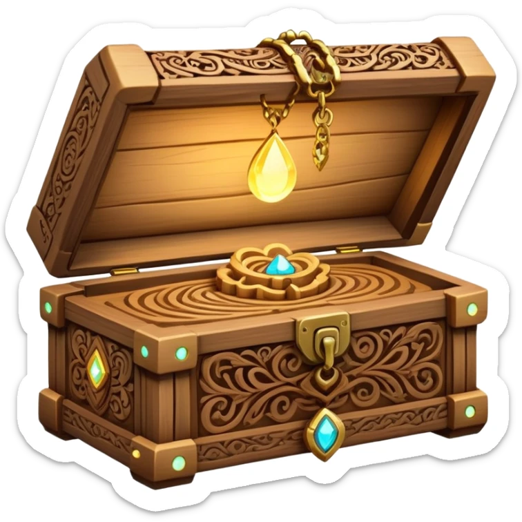 magical wooden box with intricate carvings, glowing softly, holding necklaces inside sticker