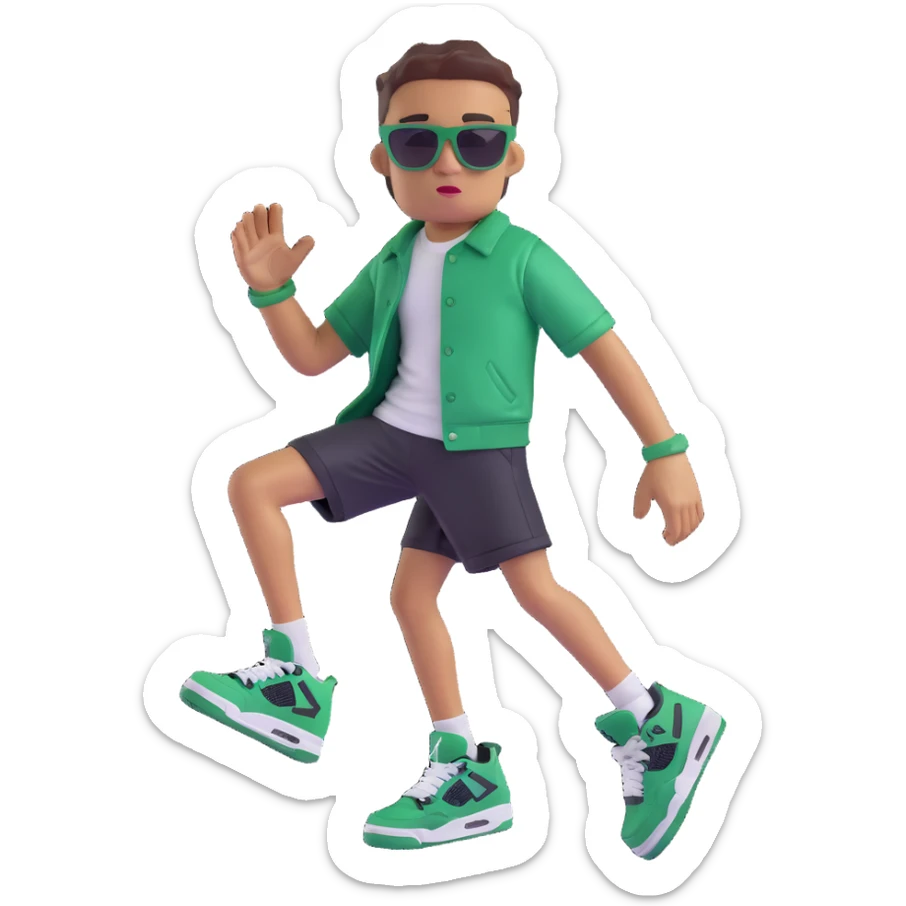 Jordan 4 Pine Green sneaker with arms, legs, and a cool facial expression with sunglasses sticker
