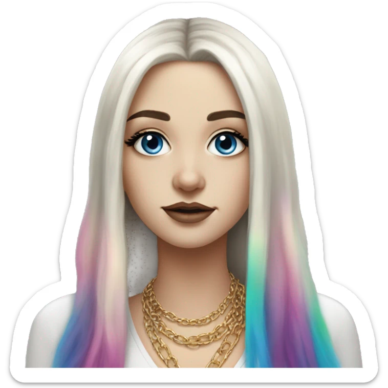 Hyperrealistic white girl with blue eyes and long black hair with rainbow fringe. Wearing gold chain necklace has dark eye makeup on her eyes sticker