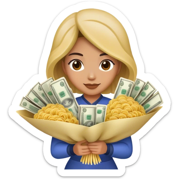 A woman holding a money bouquet and buldak noodles sticker