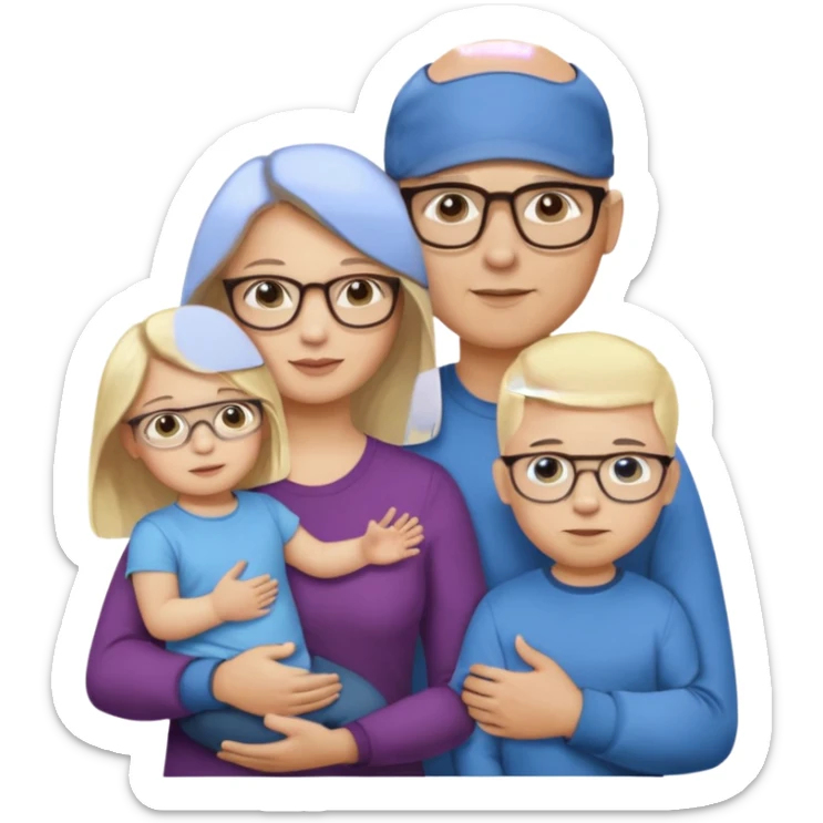 Eigene Familienbild mit 3 Personen; Mutter dunkle Augen und dunkle lange Haare mit Brille; Vater mit Vollglatze und Blaue Auge und ohne Brille;  kleinkind mit blonden Haaren und dunklen Augen und ohne Brille sticker