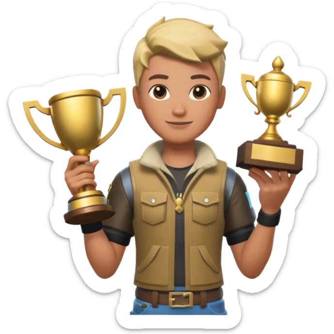 Fait moi une miniature YouTube avec un soin fortnite qui tien un tropher sticker