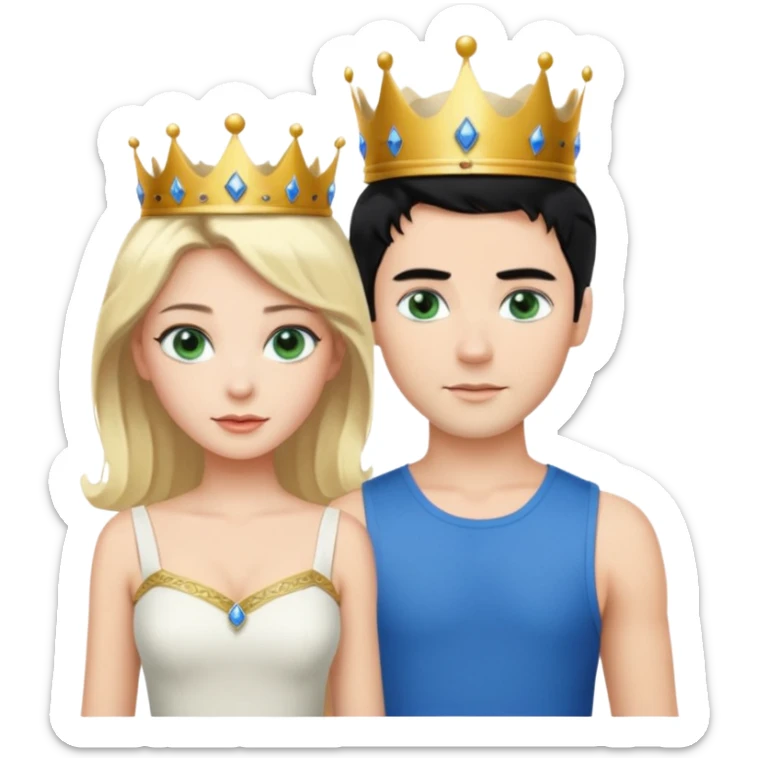 Prince with crown, black hair, body, legst, blue eyes, woman blonde hair, green eyes, sexy white short sleveless dress,  sticker
