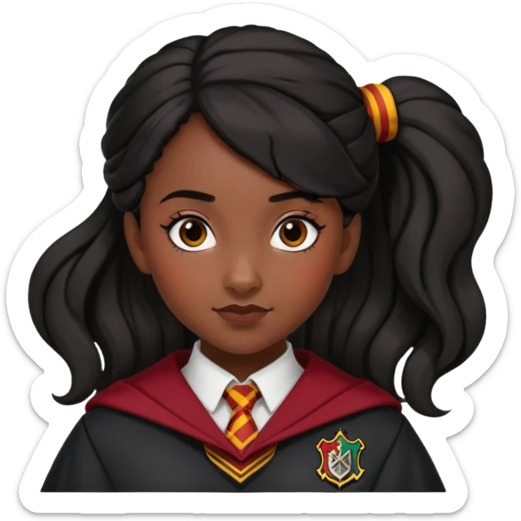 alicia spinnet in harry potter, wear hogwarts gryfindor uniform, black bun hair, black skin sticker