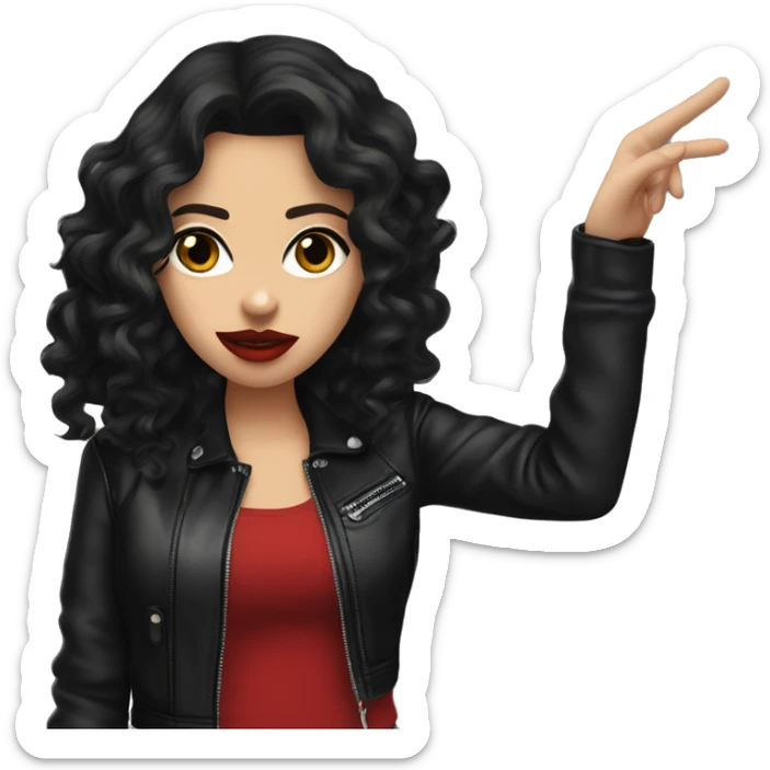 White girl, with long curly black hair, with red lipstick, black winged eyeliner, wearing black shirt and black leather jacket shrugging her shoulders in a gesture that says “I don’t know” sticker