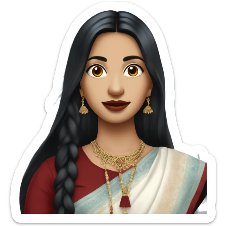 Beautiful female, long black hair, wearing indian dark red saari, Background with buildings, white skin, pampadour cut with fade, Blue color background sticker