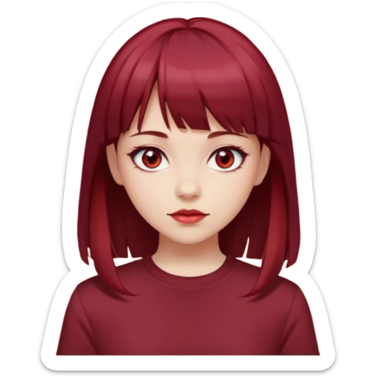 beautiful girl with dark maroon and red medium hair, straight bangs and red bando, red eyes, brown long tshirt, white skin sticker