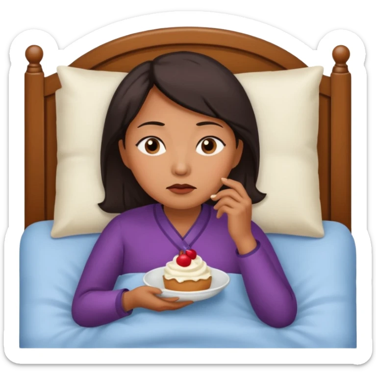 A middle-aged Asian woman lying in bed, unable to sleep thinking of dessert sticker