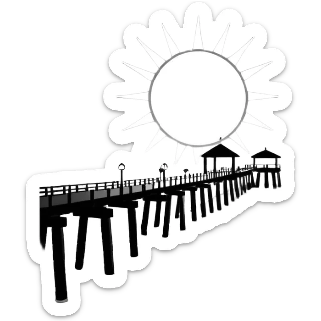 A black and white image of a pier in the ocean as a silhouette with the sun in the background sticker