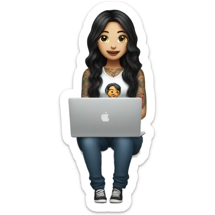 beautiful girl with tattoos, with long black hair, wavy hair, chinese, with laptop sticker