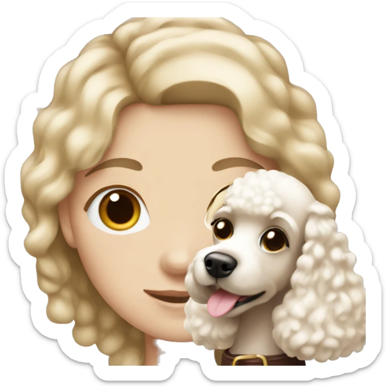 Blonde girl with blue eyes holding poodle with chocolate brown and white hair sticker