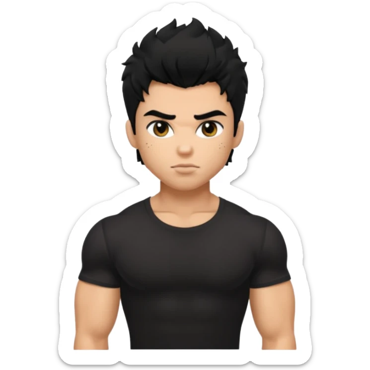 a pretty bratz guy with black hair with big muscles and shaggy hair in a tight black tee sticker