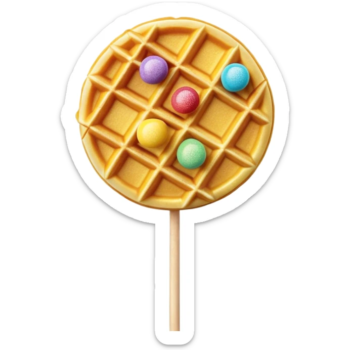 3D rendered Hong Kong egg waffle on stick like lollipop, vibrant golden color with rainbow sprinkles, hyper-realistic bubbled texture, glossy candy finish, fun playful design, detailed textures sticker