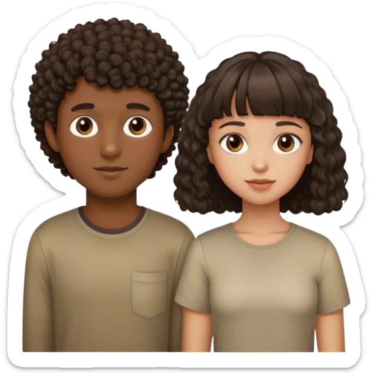 Una pareja. Chica morena rizosa y con flequillo. Chico con camisa moreno pelo marrón oscuro y corto sticker