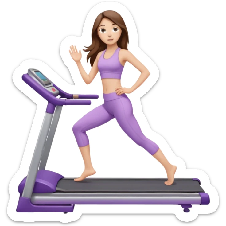 girl with long brown hair on treadmill wearing light purple yoga set sticker