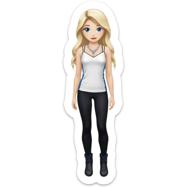 2yk Blonde Beauty model silk balayage long hair herringbone braid women with blue eyes wearing White Spaghetti top and black Leggins and Boots with heels and a Subtle rhinestone necklace  sticker