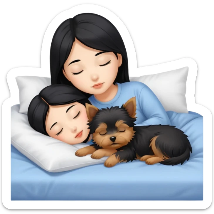 pretty asian girl with black hair sleeping in bed with small yorkshire terrier sticker