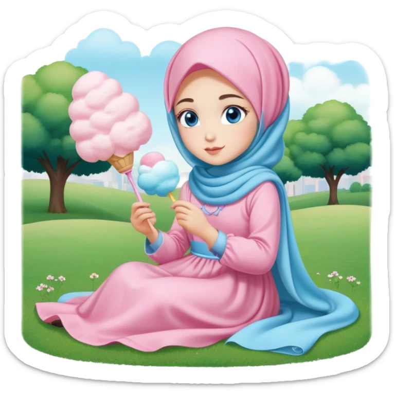 Turkish beautiful finish Konya girl blue eyes with cotton candy hijab long tail dress and sits on the grass on the ground and hold cotton candy on hand  sticker