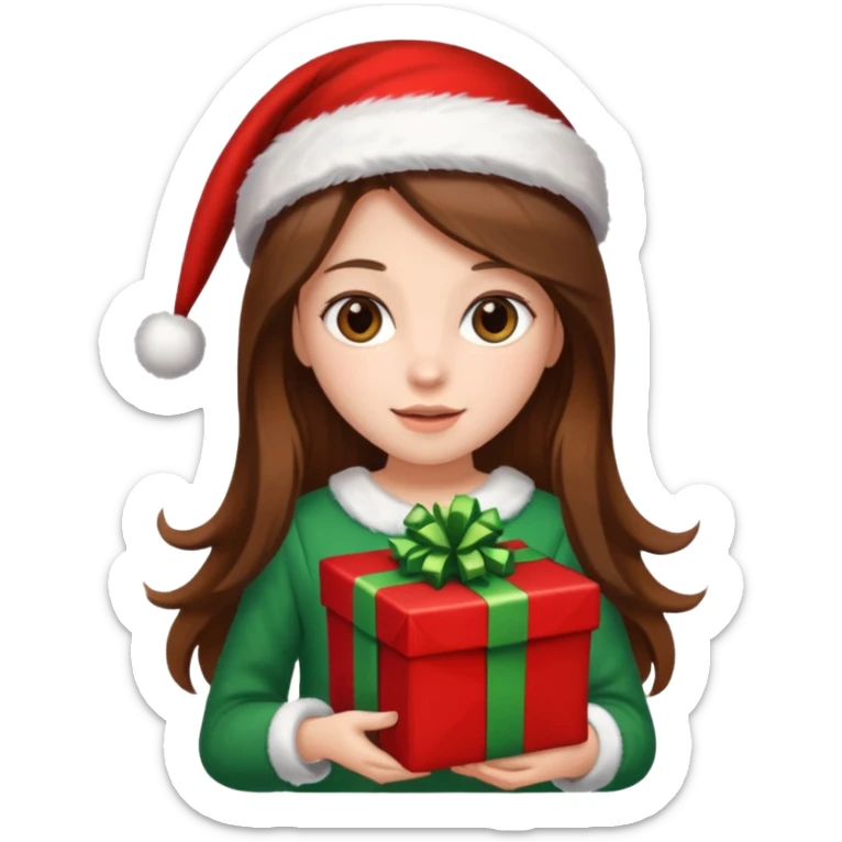 a girl with long brown hair wearing a christmas clothes and holding a gift sticker