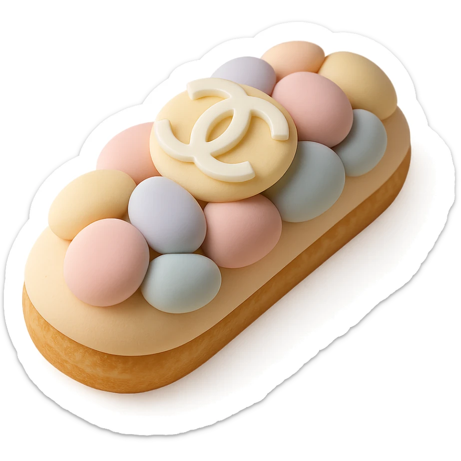 pastel Chanel eclair, decorated with a white chocolate logo sticker