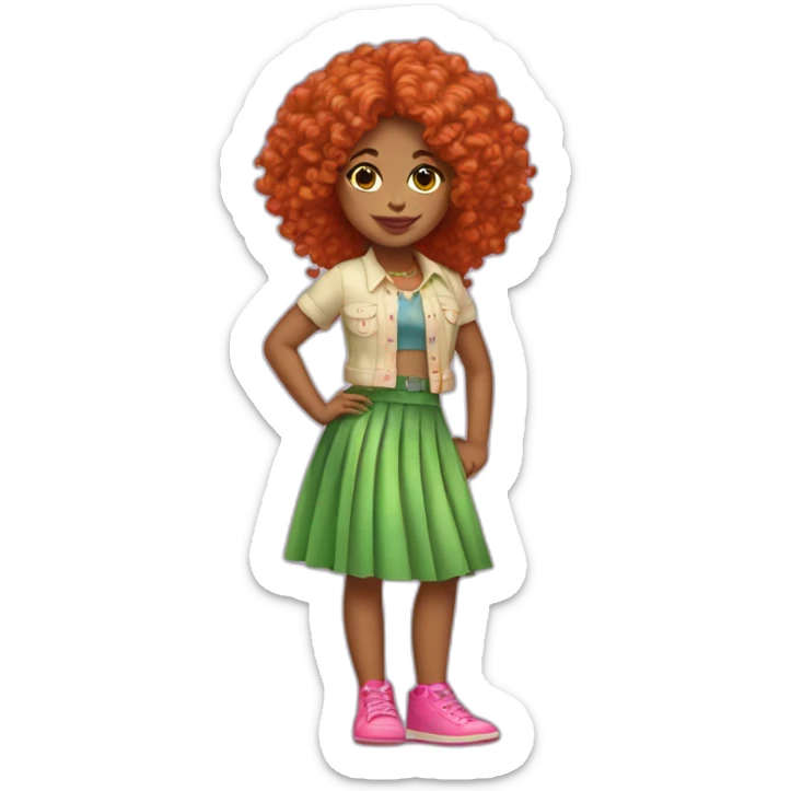 curly red hair girl with green and pink shoes and disco seventies skirt sticker
