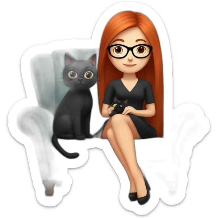 woman with long straight red hair and black-rimmed glasses, in a dress, sitting in an armchair, with a black cat on her lap sticker