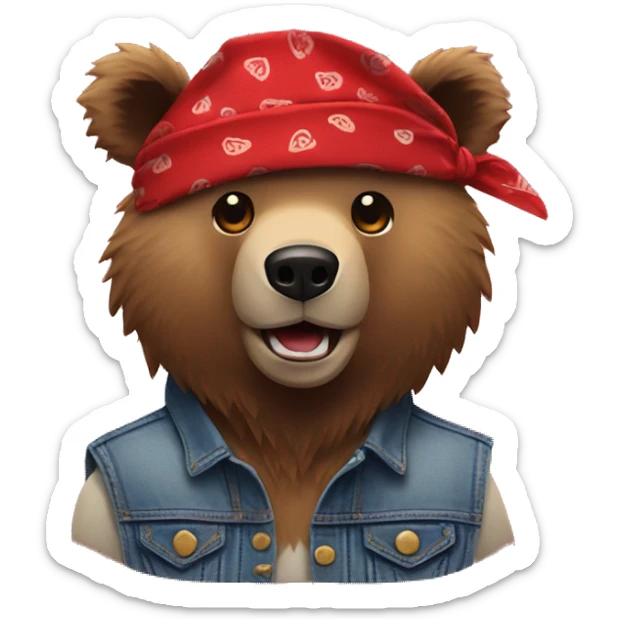 grizzly bear wearing sleeveless jean jacket and red bandana around head with open mouth sticker