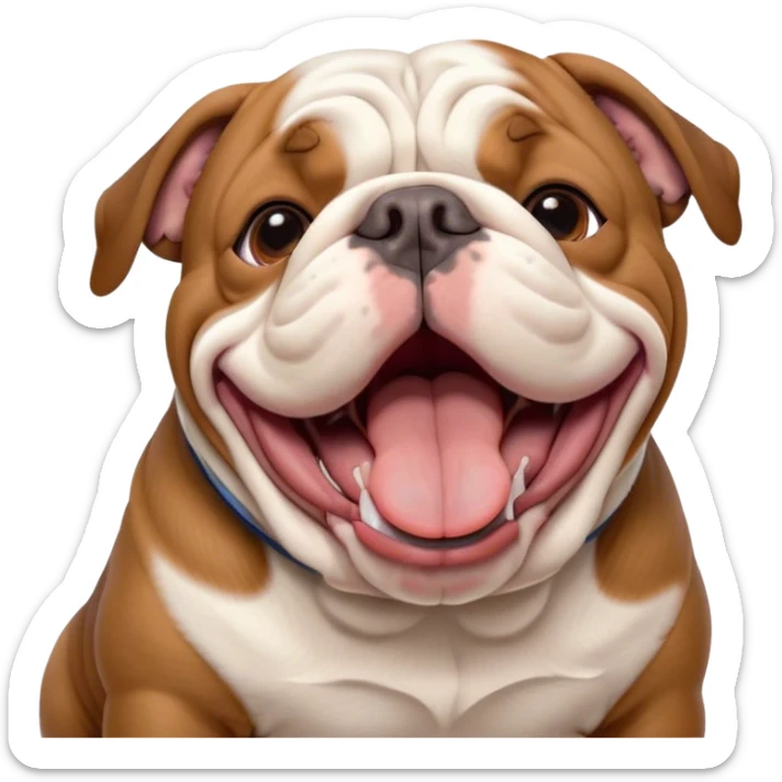 Cinematic Cute Yawning Brown and White English Bulldog Portrait Emoji, Head tilted slightly with a dramatic, wide-open yawn, showcasing a smooth brown and white coat with a defined pattern, floppy ears slightly drooping, round brown eyes barely open in drowsy contentment, Simplified yet irresistibly adorable features, highly detailed, glowing with a soft, cozy glow, high shine, relaxed yet expressive, stylized with a touch of whimsy, bright and endearing, soft glowing outline, capturing the essence of a sleepy yet affectionate guardian, so drowsy it feels like it could stretch out of the screen and curl up for a nap! sticker