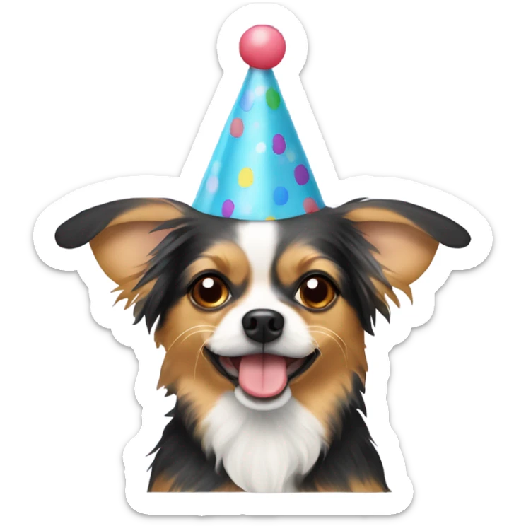 A chihuahua yorkie mix breed dog with floppy ears wearing a birthday hat sticker