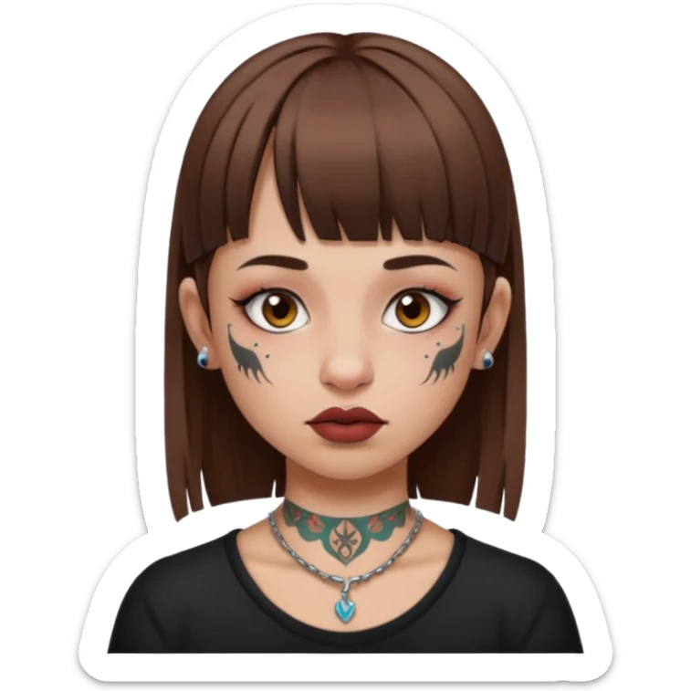 Alternative girl with straight brown hair and micro bangs and a throat tattoo sticker