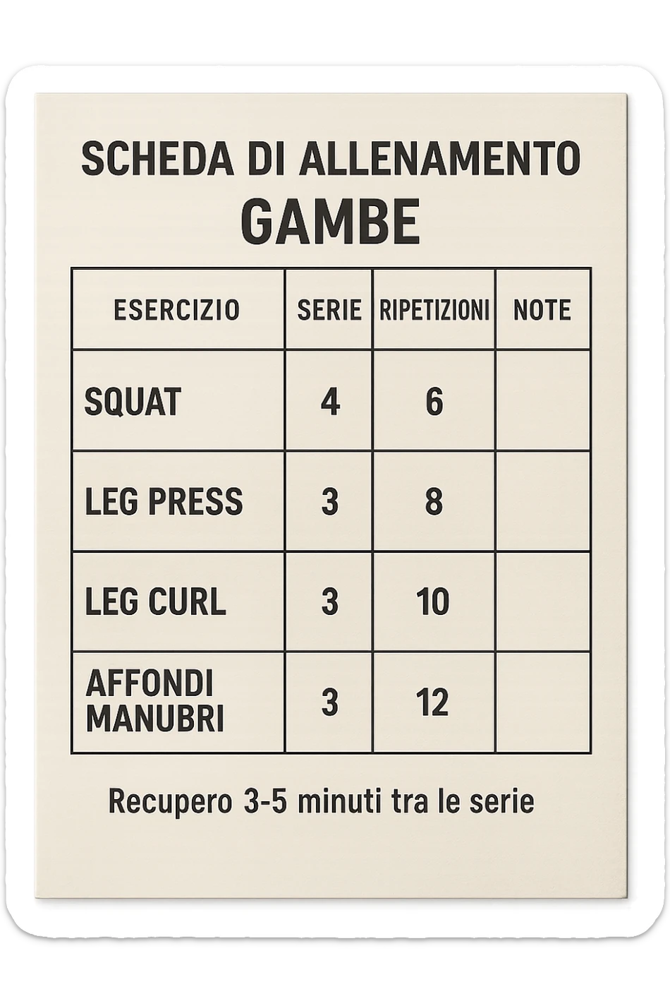 scheda di allenamento gambe in italiano che segna 3-5 minuti di recupero tra le serie, vista dall'alto, iperrealistica 4k sticker