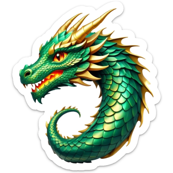 cinematic-noble-dragon-portrait-emoji,-poised-and-majestic,-with-a-sinuous,-elongated-body-covered-in-intricately-detailed,-shimmering-scales-in-hues-of-emerald-and-gold,-and-piercing,-fiery-eyes-that-reflect-ancient-wisdom; Breathing fire sticker