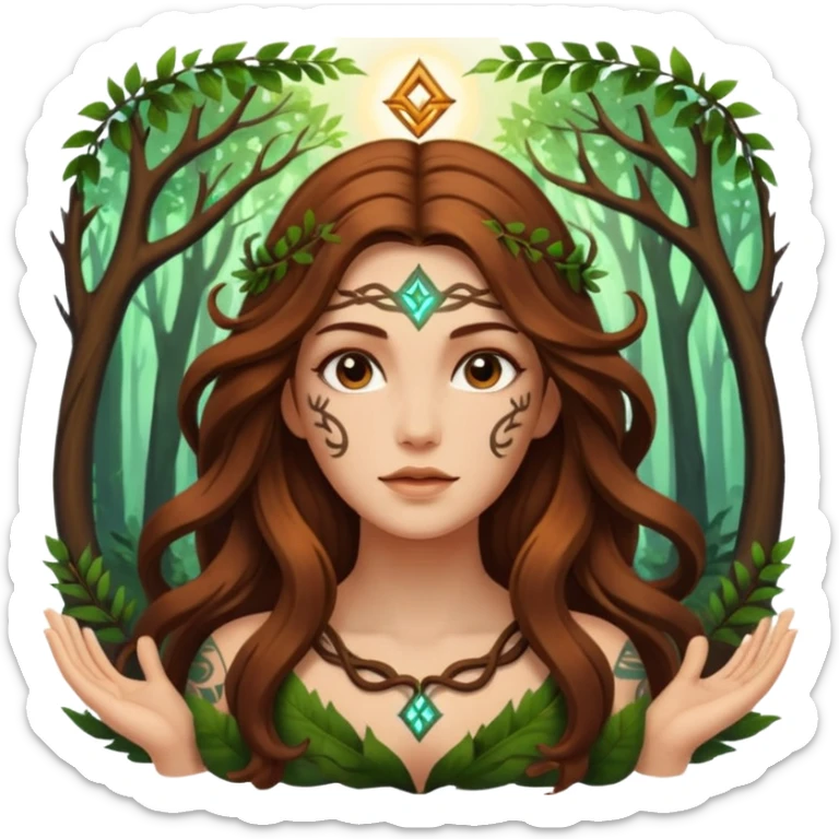 idea moment forest woman long wavy brown hair tattoos glowing rune above head sticker