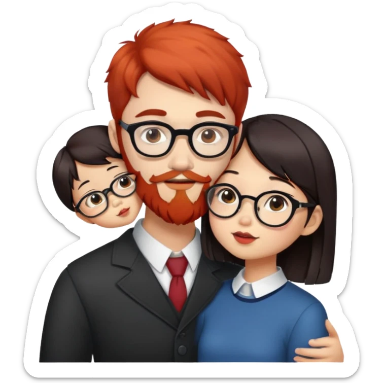 red bearded man in glasses kisses whis asian girl with dark hair and pageboy haircut sticker